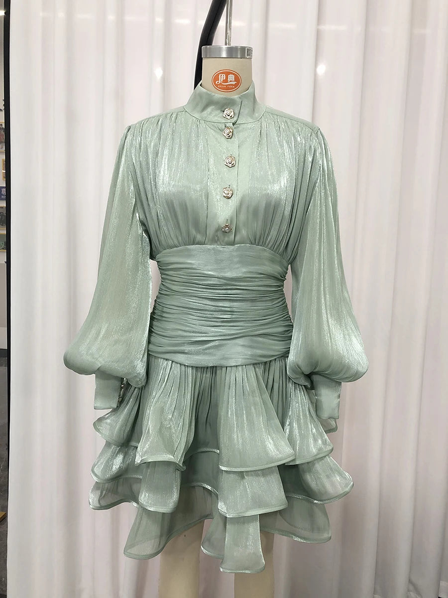 VGH Elegant Pink High Neck Organza Fabric Mini Dresses for Women Puff Sleevs Ruched Waist Tiered Ruffles for Cocktail Parties