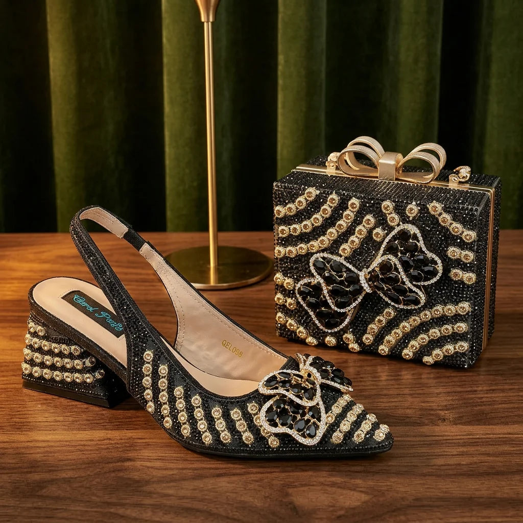 2026 New Arrival Italian-Inspired Champange Rhinestone Pointed Toe Women’s High Heels with Matching Handbag Set Elegant Wedding