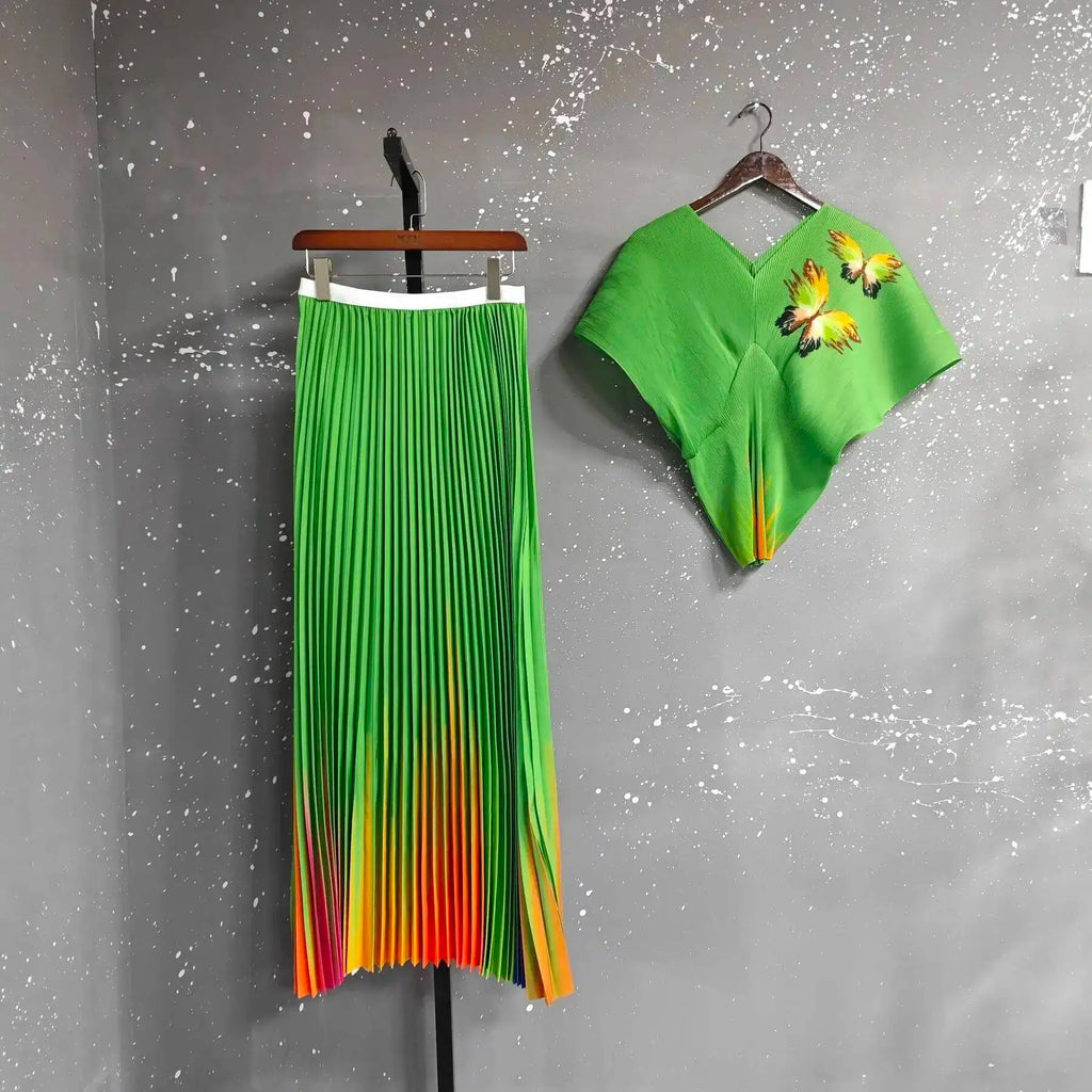 LANMREM Pleated Print Womsn's Two Pieces Set Fashion Loose Batwing Short Sleeve T-shirt And Elastic High Wiast Skirt 2DB5661