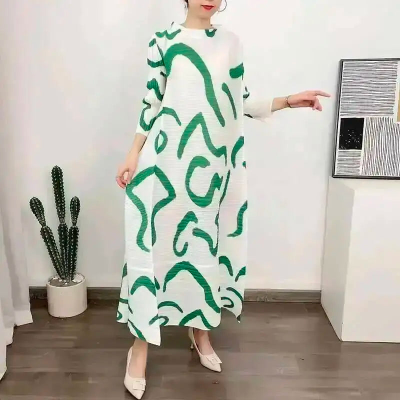 LANMREM Color Block Pleated Dress Women Loose Style Long Length Fashion Dresses Festival Clothes 2024 Spring Summer New 2DA1028