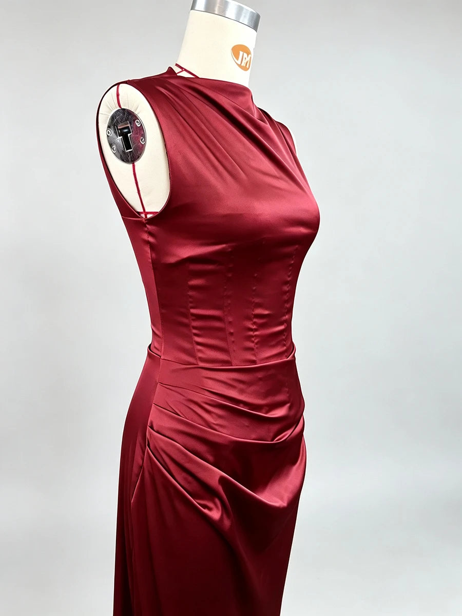 VGH Solid Fashion Satin Cowl Neck Maxi Dress For Women Sleeveless Ruched Waist Mermaid Hem Elegant Evening Banquet Chic Outfit