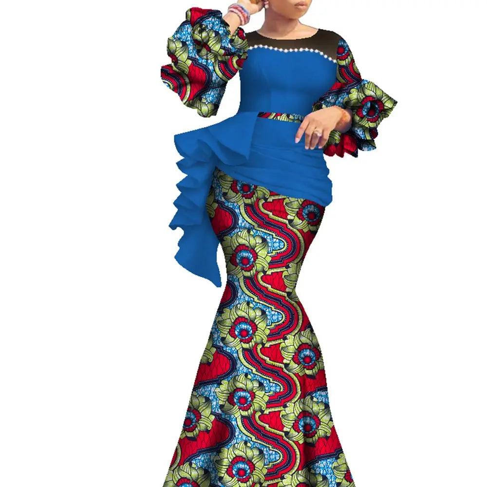 Women’s Ankara Print Lantern Sleeve Maxi Dress – Dashiki | Pearl Detail | Cotton Wax | Wedding & Party | XS–6XL + Custom | 14 Prints