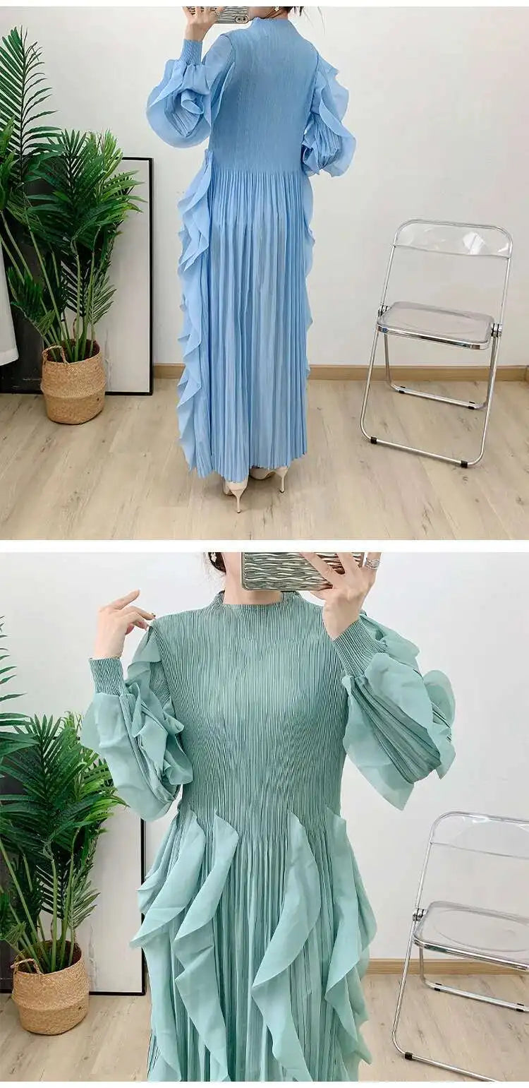 LANMREM Elegant Pleated Dress For Women Stand Collar Puff Sleeves High Stretch Personalized Dresses 2025 Spring New 2Z2817