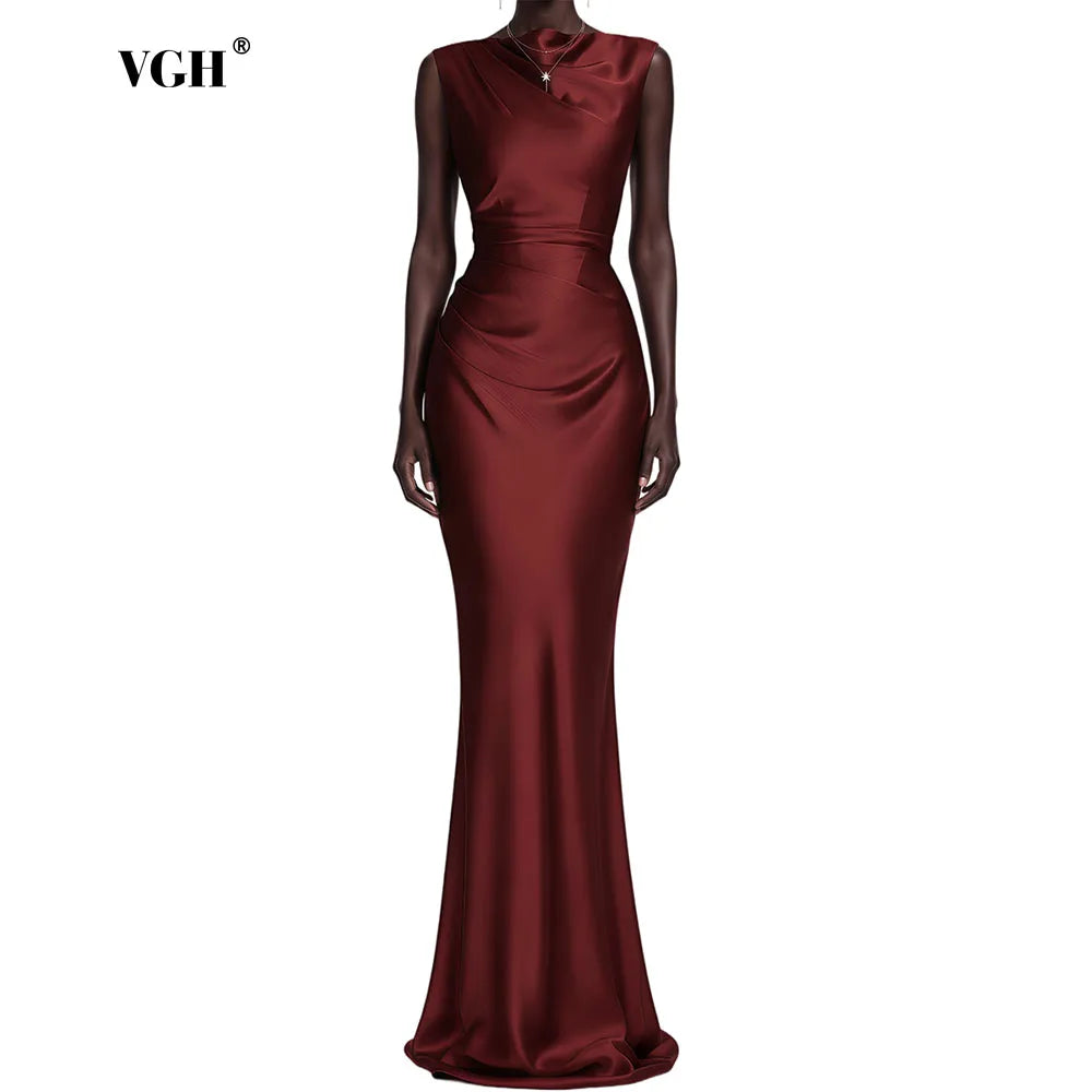 VGH Solid Fashion Satin Cowl Neck Maxi Dress For Women Sleeveless Ruched Waist Mermaid Hem Elegant Evening Banquet Chic Outfit