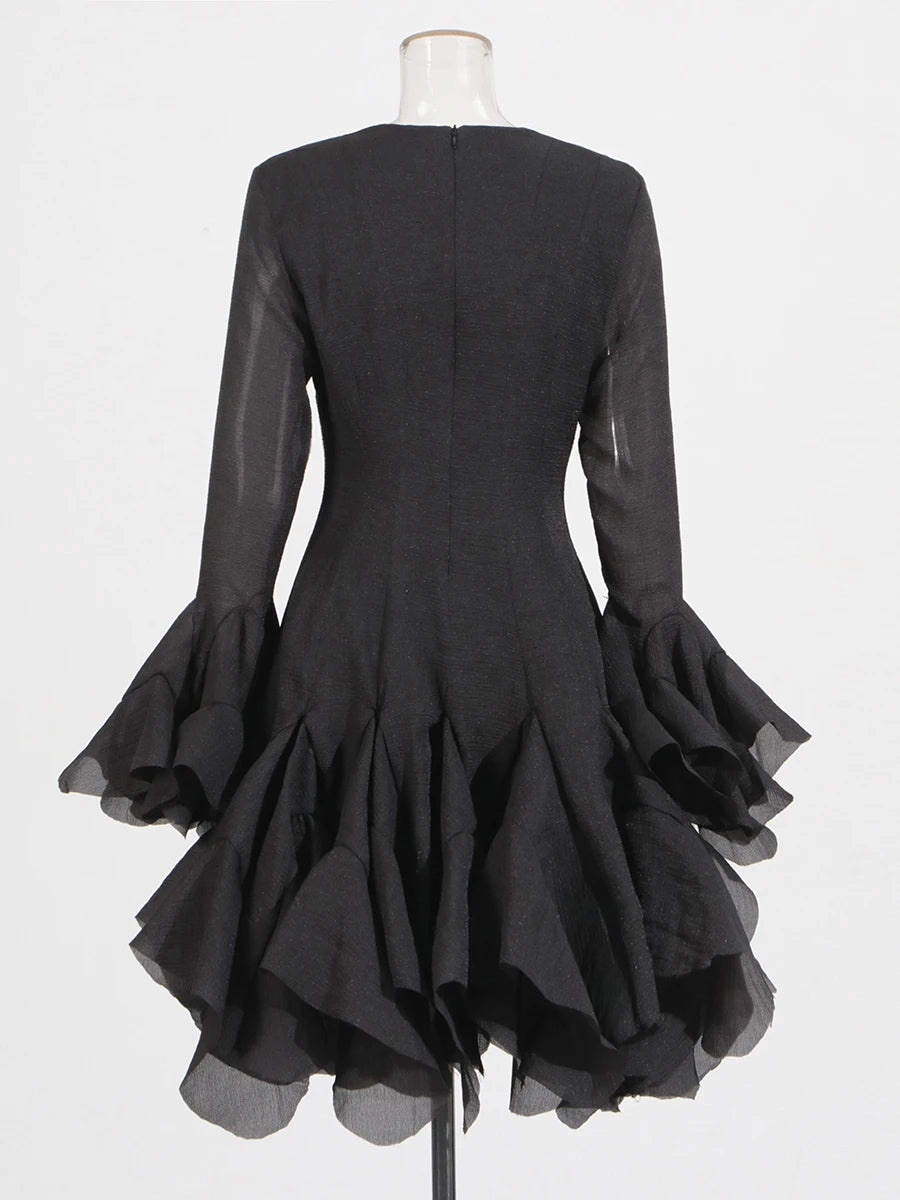 VGH Patchwork Irregular Hem Midi Dress for Women Round Neck Ruffles Sleeve High Waist Temperament Elegant Prom Dresses Female