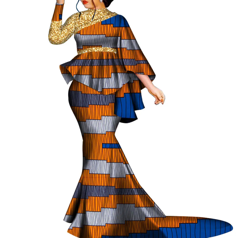 Women’s Ankara Print Bazin Riche 2-Piece Set – Sequin Bat Sleeve Top & Long Skirt | Dashiki | Party & Wedding | XS–6XL | 12 Prints