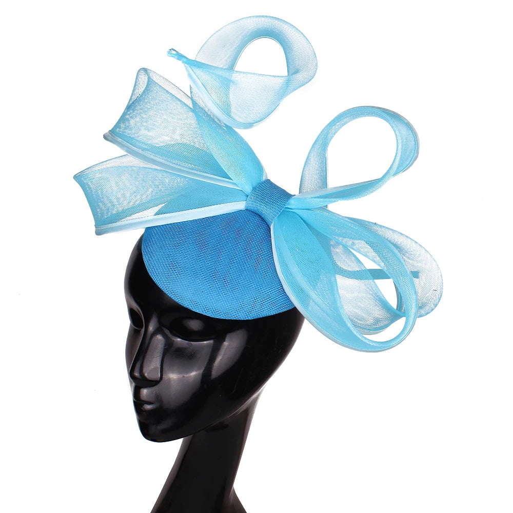 2025 New Fascinators Hat Beige Bowknot Light Blue Cocktail Fedoras Derby Accessory Headbands Lady Chuch Headpiece Headwear