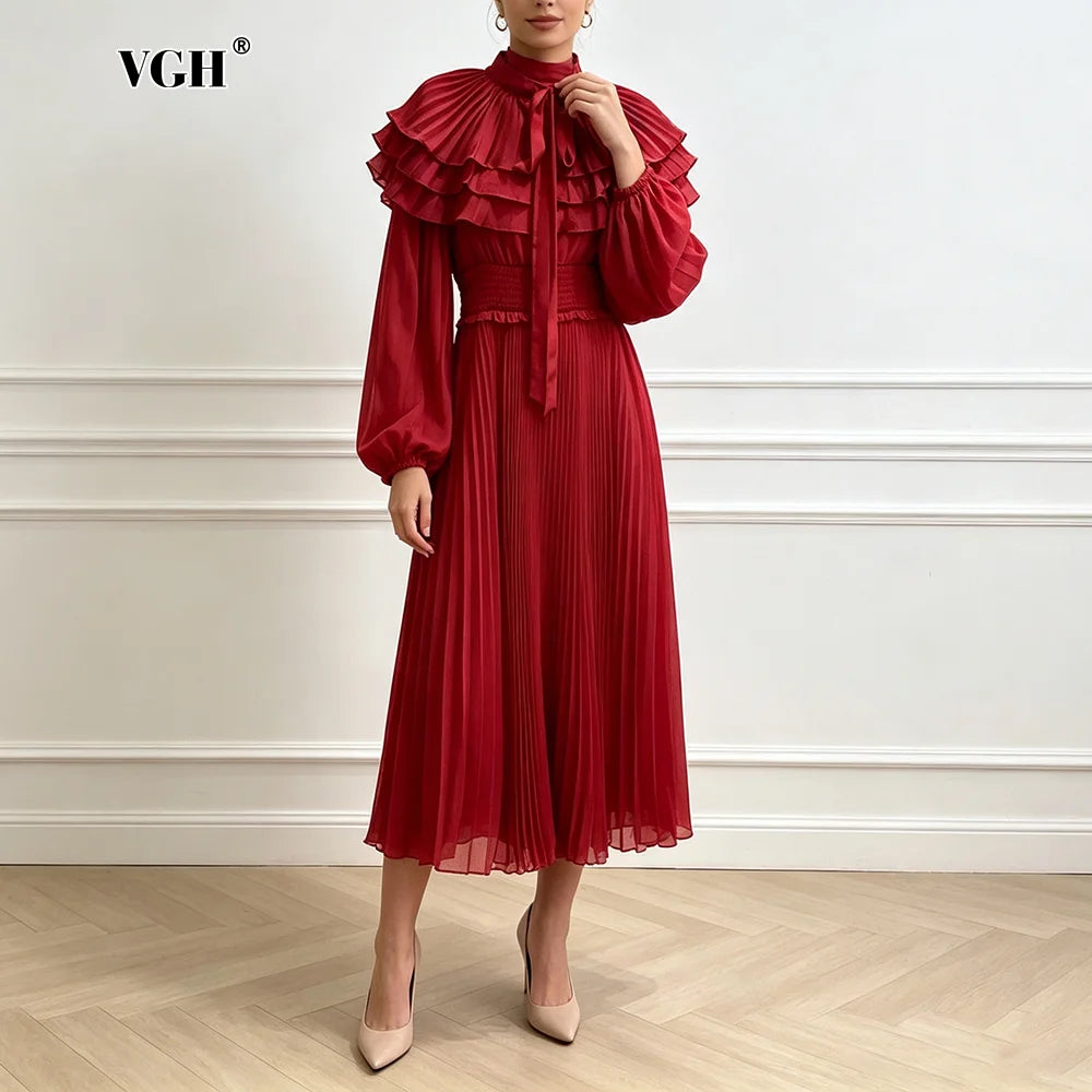 VGH Classy Layer Ruffled Stand Collar Chiffon Maxi Dress for Women Tie Neck Balloon Long Sleeve Smocked Waist Pleated for Party