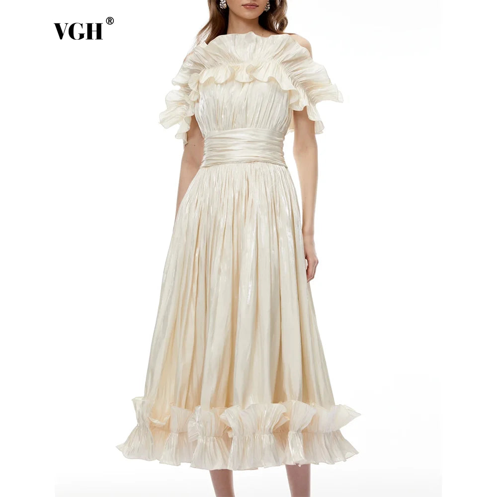 VGH Elegant Off Shoulder Ruffle Midi Maxi Dress for Women Shiny Pleated Waistband Back Zipper for Formal Prom Evening Party Gown