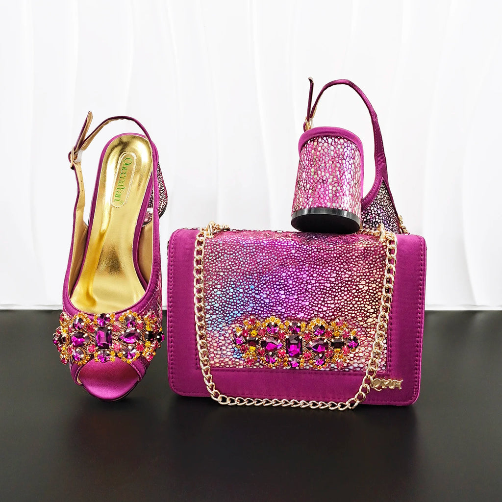 New INS Style Fashion Itlian Design High Heels Shoes  and Bag Set Rhinestone-Embellished Designer Shoes Heel Perfect for Party