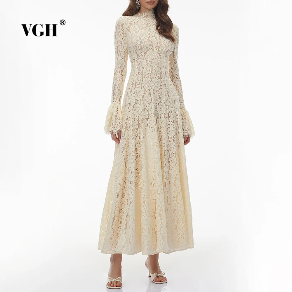VGH White Loose Spliced Lace Chic Dresses for Women O Neck Long Sleeve French Elegant Dress Female Summer Fashion Style Clothing