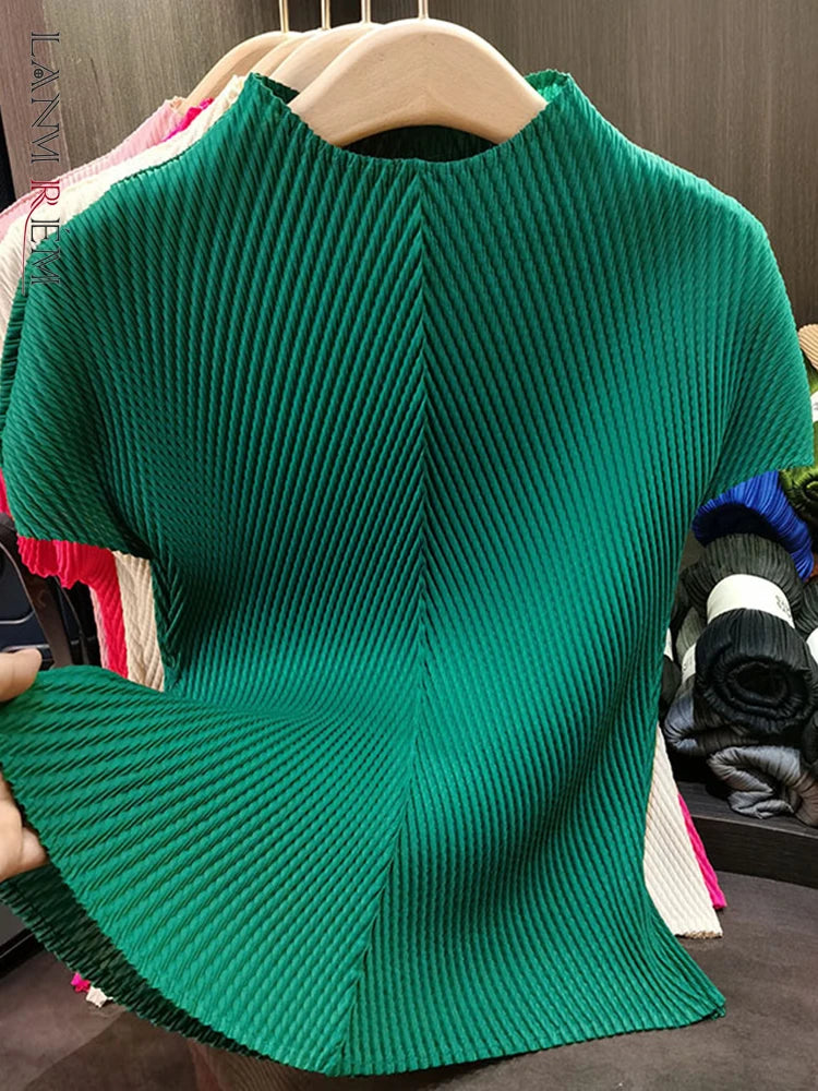 LANMREM Stand Collar Dragon Scale Pleated T-shirt High-end Versatile Slimming Short Sleeved Women's Summer Pullover Tops 2DB3044