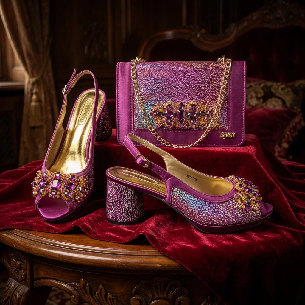 Women's Rhinestone Embellished Heels & Bag Set – Peep Toe Slingback Pumps