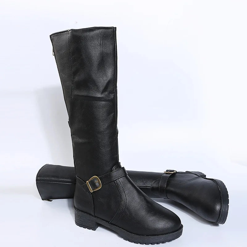 Women Knee High Boots Platform Long Boots Low Heels Round Toe Shoes New Zip Brown High Boot Vintage Pu Leather Women Boots 2025