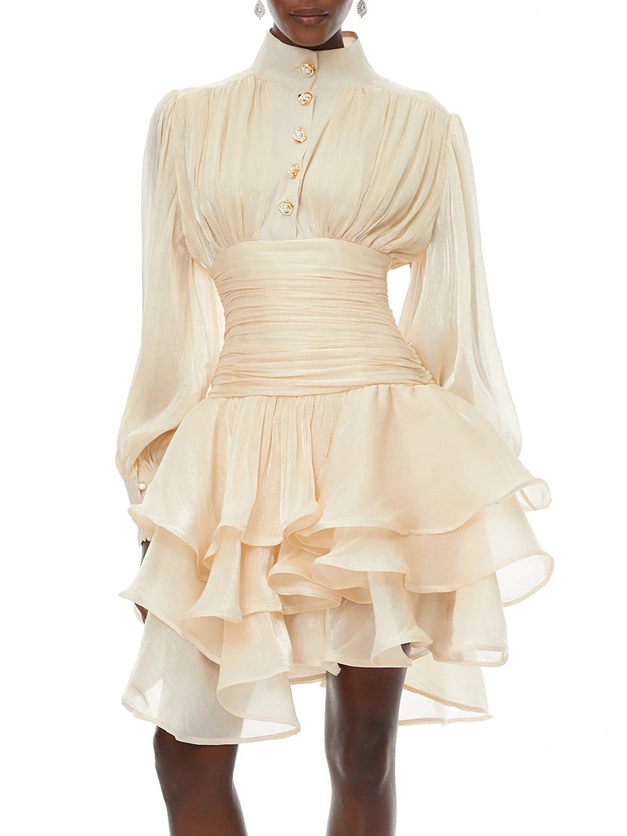 VGH Elegant Pink High Neck Organza Fabric Mini Dresses for Women Puff Sleevs Ruched Waist Tiered Ruffles for Cocktail Parties