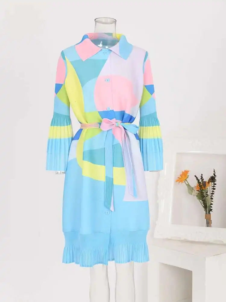 LANMREM Maxi Pleated Dress For Women Lapel Single Breasted Long Sleeves Color Block Tassel Hem Loose Chic Clothing Autumn 2R5928