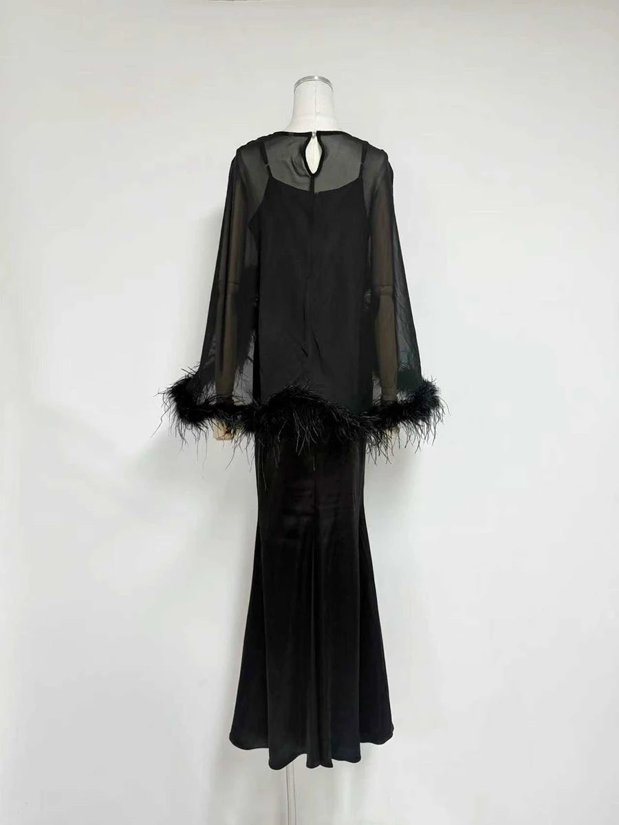 VGH Formal Feather Cape Sleeve Maxi Dress for Women O Neck Spaghetti Strap Floor Length Long Evening Prom Cocktail Party Gown