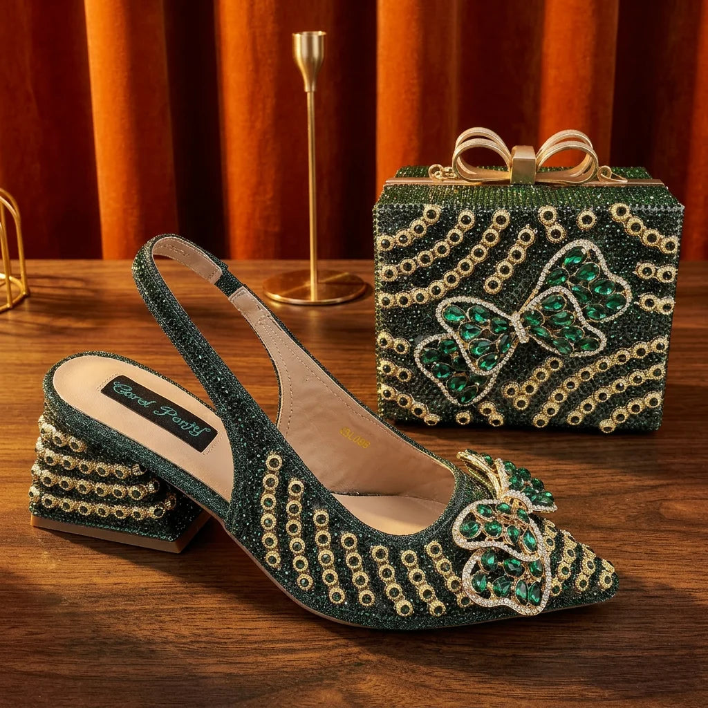 2026 New Arrival Italian-Inspired Champange Rhinestone Pointed Toe Women’s High Heels with Matching Handbag Set Elegant Wedding