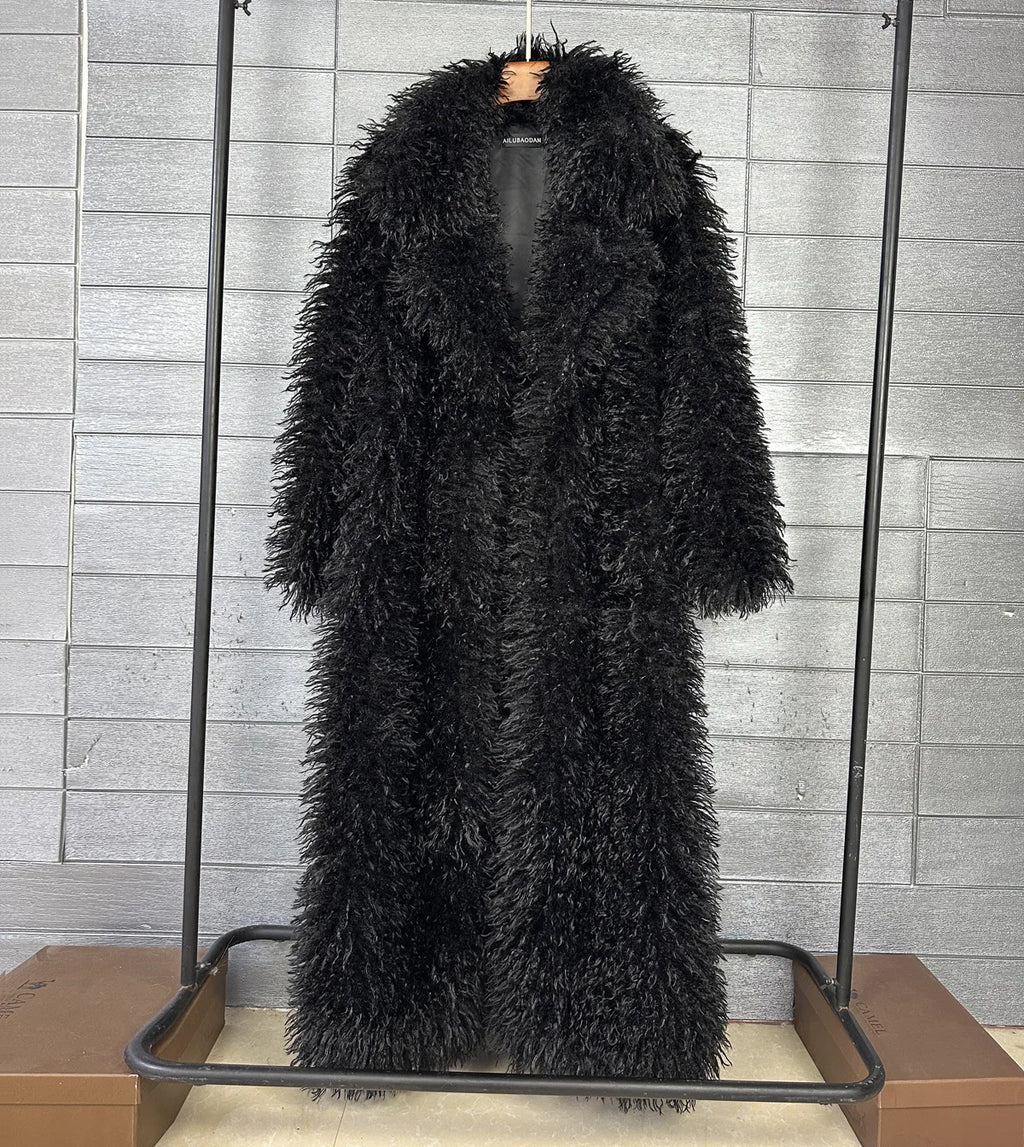 LANMREM Colorful Women's Furry Coat Rose Pink Faux Fur Coat Suit Collar Autumn Winter Thick Cardigan Long Overcoat Chic 2DB5859