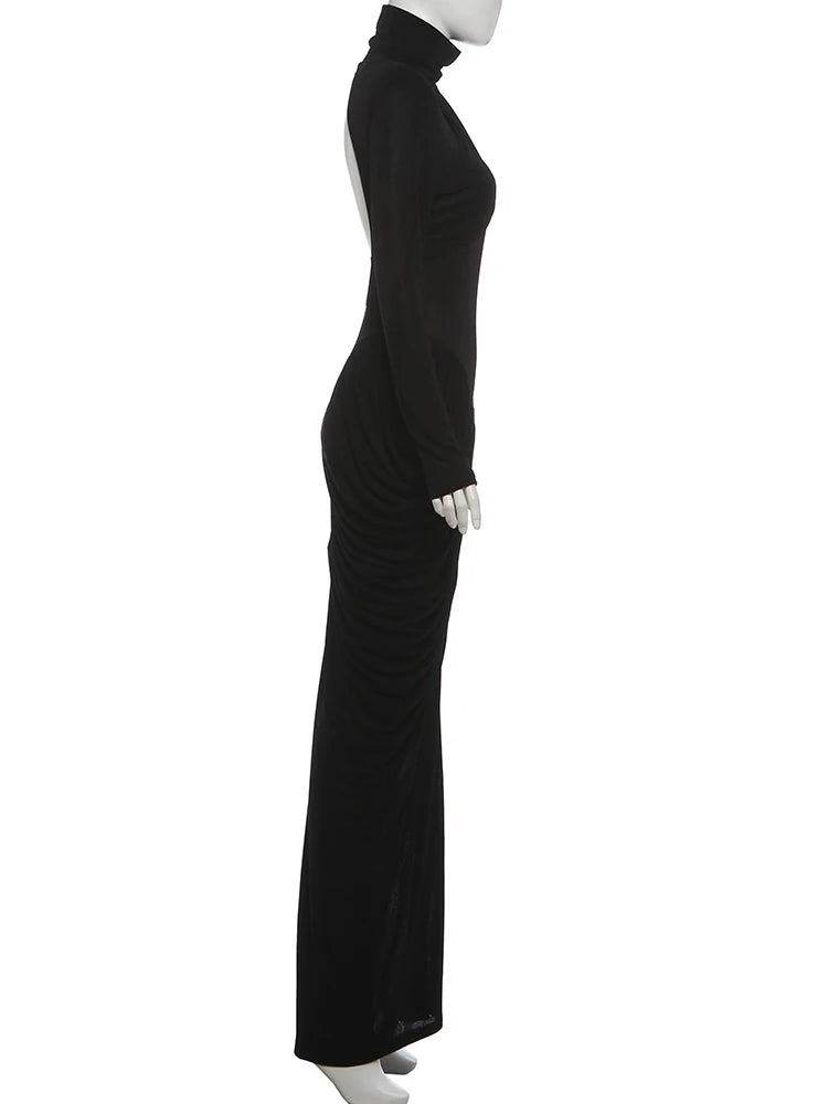 Weird Puss Autumn New Style Maxi Dress Women Turtleneck Full Sleeve Backless Skinny Stretch  Prom Party Ruched Elegant Vestidos