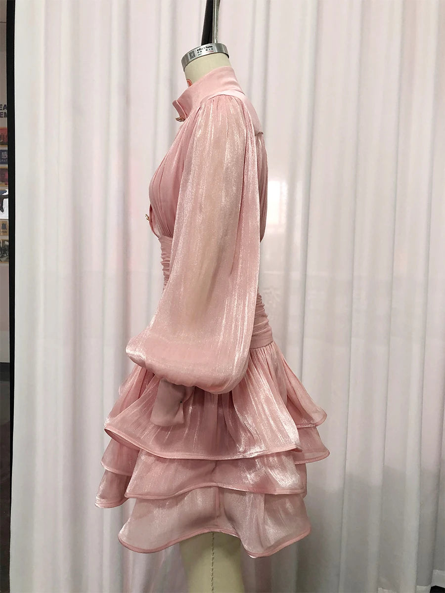 VGH Elegant Pink High Neck Organza Fabric Mini Dresses for Women Puff Sleevs Ruched Waist Tiered Ruffles for Cocktail Parties