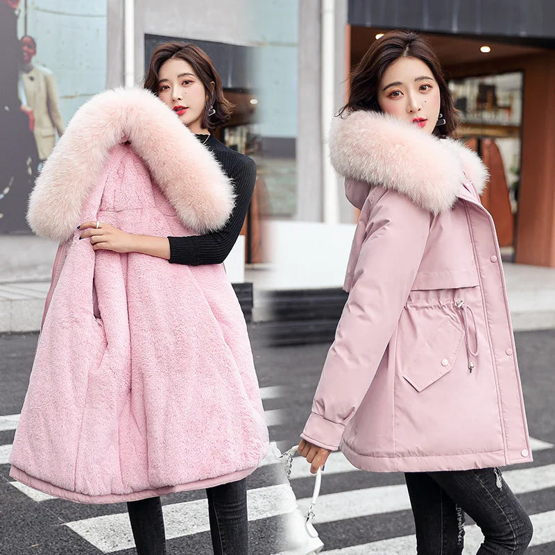 Women's Long Fashionable Hooded Winter Fur Collar Jacket