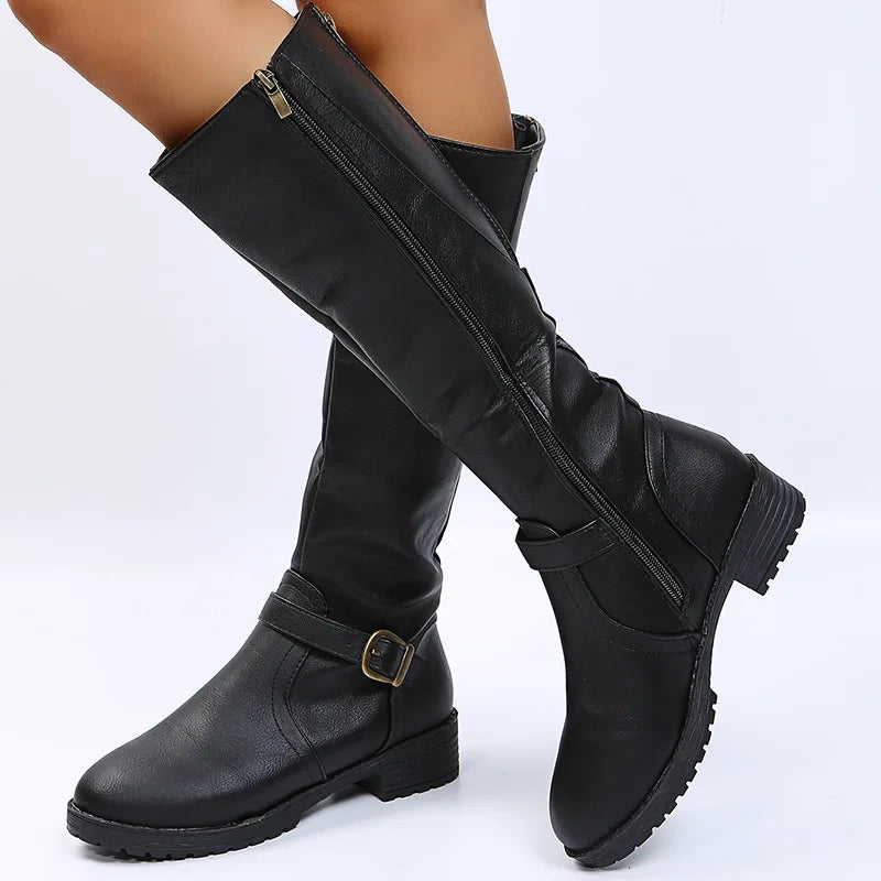 Women Knee High Boots Platform Long Boots Low Heels Round Toe Shoes New Zip Brown High Boot Vintage Pu Leather Women Boots 2025