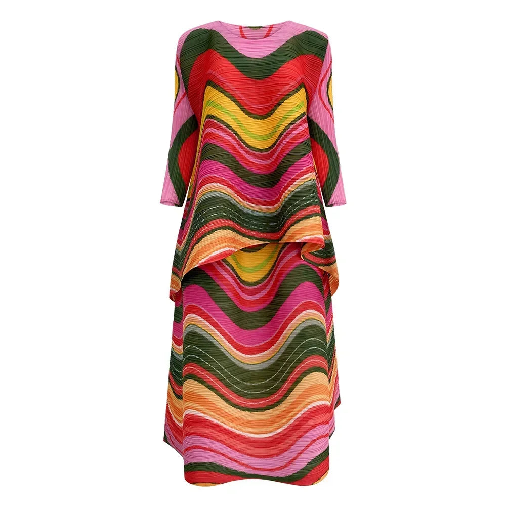 2025 Spring New Women's 2 Piece Set Miyake Pleated Top Fashion Stripe Age Reducing Suit Fashionable Matching Printed Half Skirt