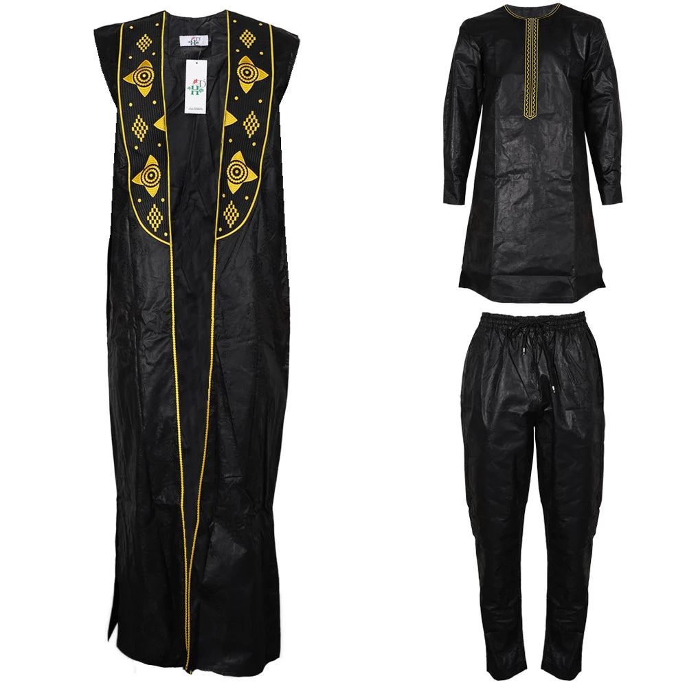 3 PCS Set African Clothes for Men Dashiki Tradition Outfit Robe Embroidery Tops Pants Suits Bazin Muslim Wedding Party Clothing