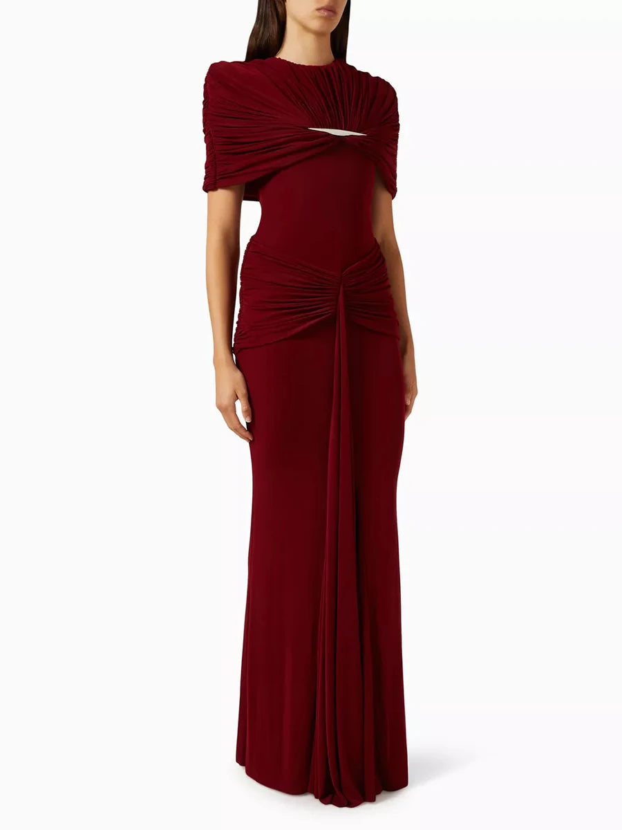 VGH Elegant Light Luxury Maxi Dress for Women Cape Sleeve Cutout Twist Waist Long Gown for Celebrity Formal Dinner Party Outfit