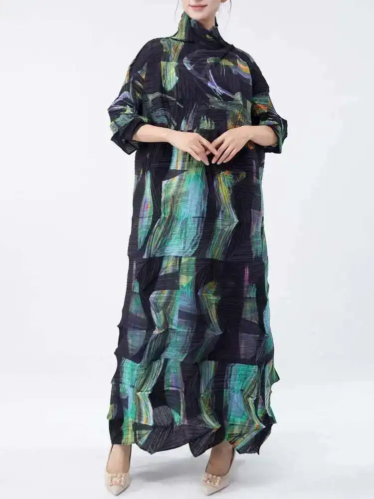 LANMREM Large Size Pleated Dress For Women Turtleneck Printing Loose Dresses Female Casual Clothing 2025 Spring New 2DB2113