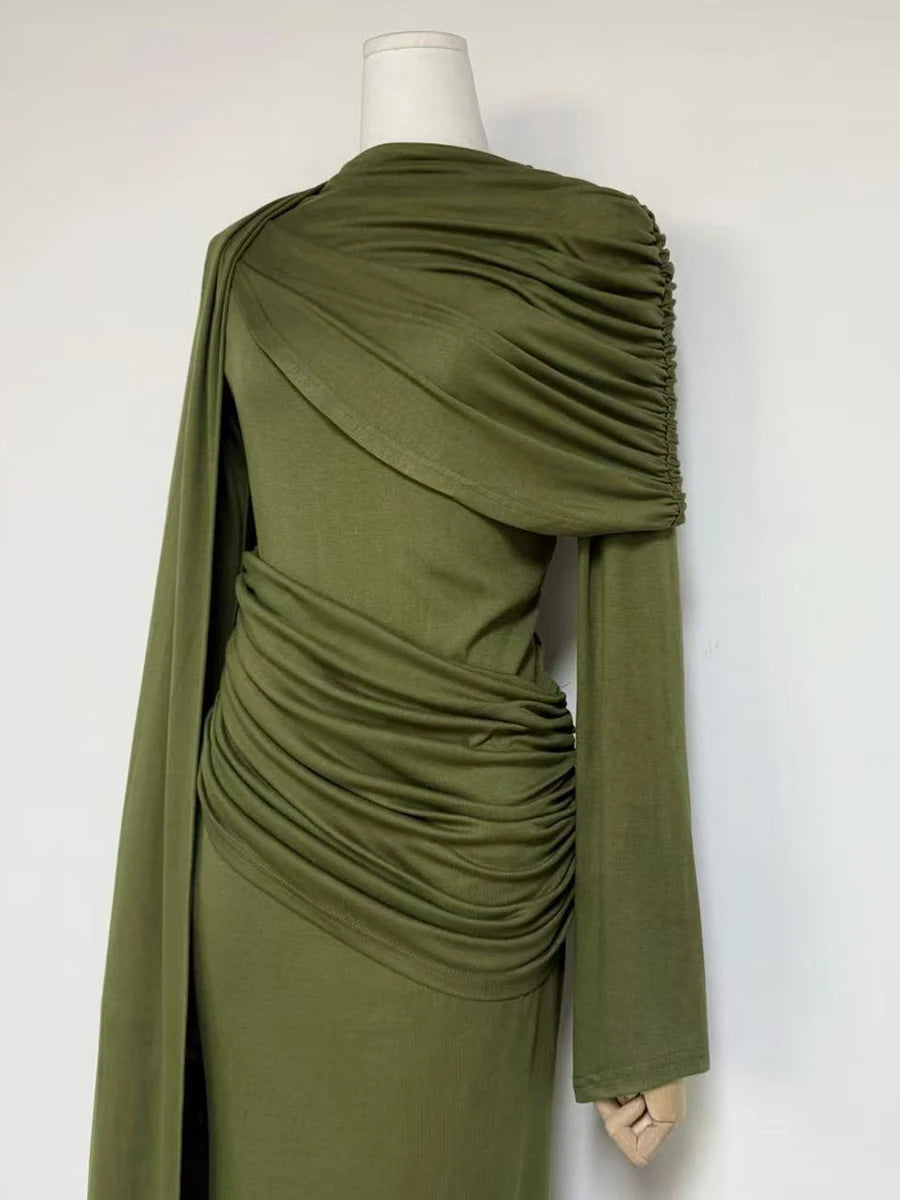 VGH Wedding Guests Green Shawl Mermaid Maxi Dress for Round Neck Flared Long Sleeve Draped Bodycon Skirt for Galas Red Carpet
