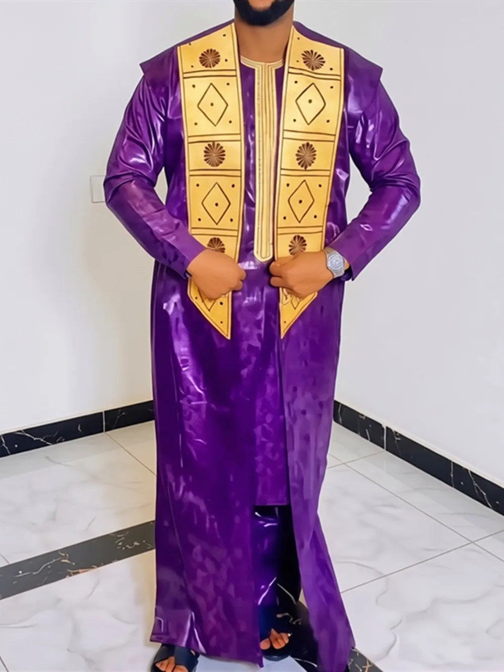 African Clothes for Men Bazin Riche Embroidery Design Long Sleeve Tops And Pants Suits 3 PCS Traditional Purple Outfit