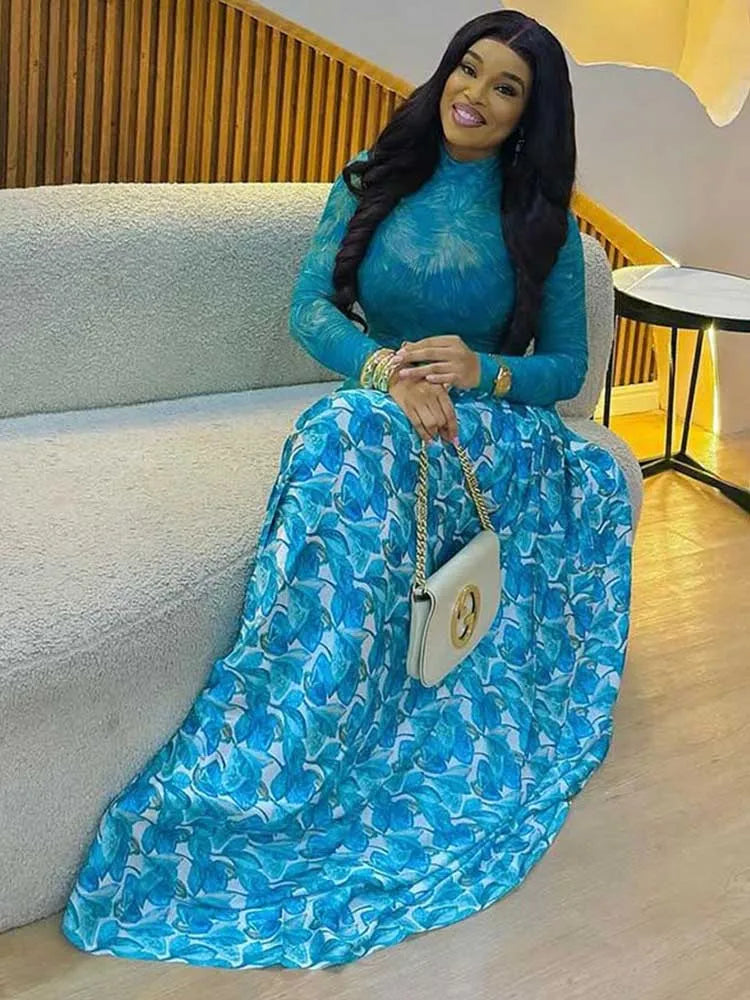 Robe longue femme automne bleu clair, manches longues, taille ajustée, col mi-montant, chic élégante, tenue de soirée