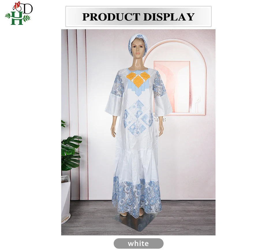 White Bazin Riche African Dress | Luxury Embroidery Church & Wedding Gown | L–4XL