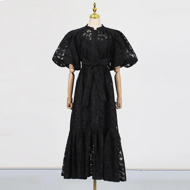Women's Embroidered Mesh Bow Two-Piece Midi Dress Set