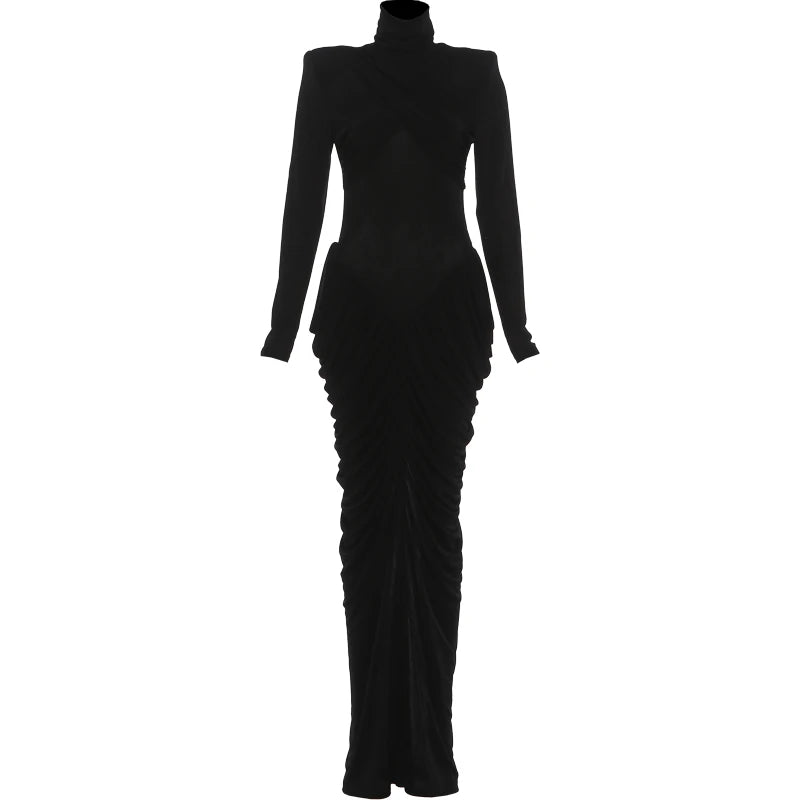 Weird Puss Autumn New Style Maxi Dress Women Turtleneck Full Sleeve Backless Skinny Stretch  Prom Party Ruched Elegant Vestidos