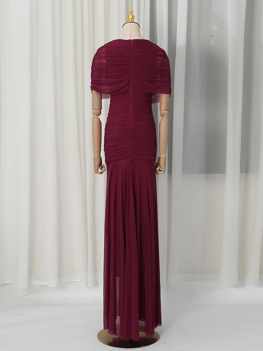 VGH Luxury Galas Event Black Sheer Mesh Ruched Maxi Dress for Women O Neck Short Sleeves Bodycon Silhouette Skirt for Red Carpet