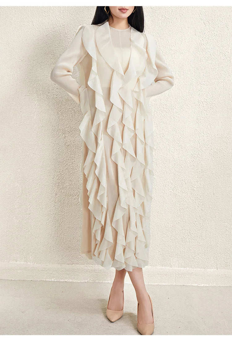 Miyake Style Pleated Dress for Women 2025 Solid Color Round Neck Long Sleeve Loose Large Size Ruffled Irregular Long Skirt
