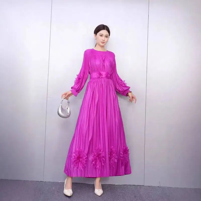 Women's Pleated Appliqué Flare-Sleeve Maxi Dress