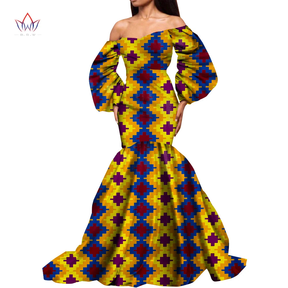 Dashiki African Dresses for Women Daily Party Wedding African Women Dresses Floor-Length Long Puff Sleeve Bandeau Dress Kg1092