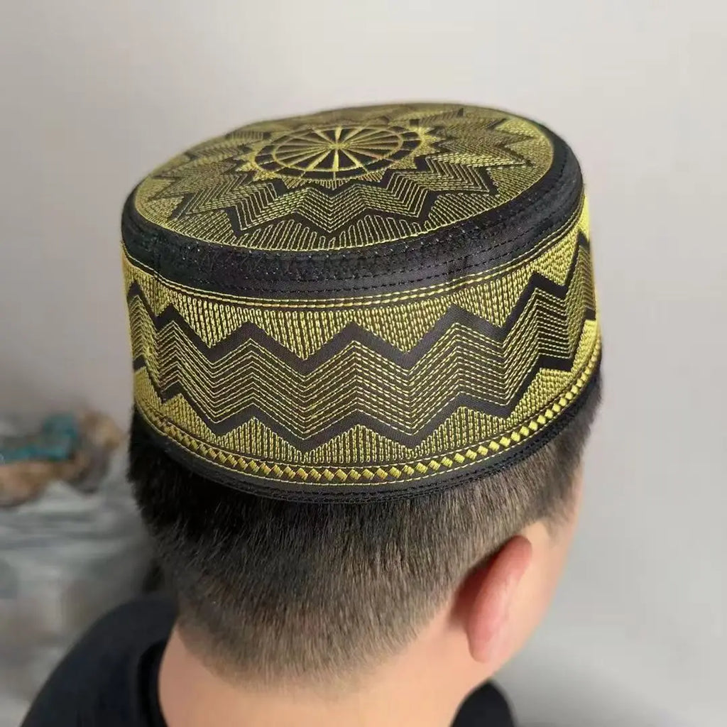 Men's Muslim Embroidery Cap | Islamic Gold Turban Bonnet | Eid Ramadan Prayer Hat