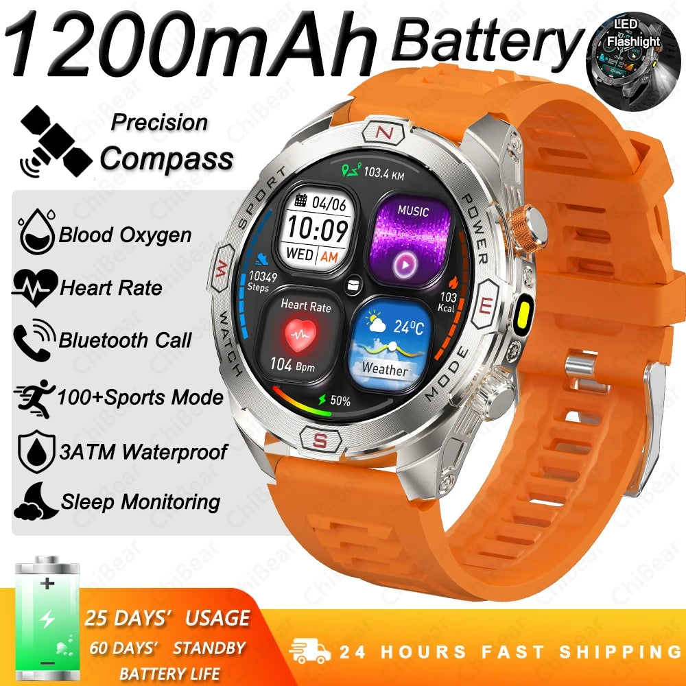 Military Grade 1200 mAh Battery Smart Watch Men LED Flashlight Outdoor Sports Fitness Tracker Compass Bluetooth Call Smartwatch