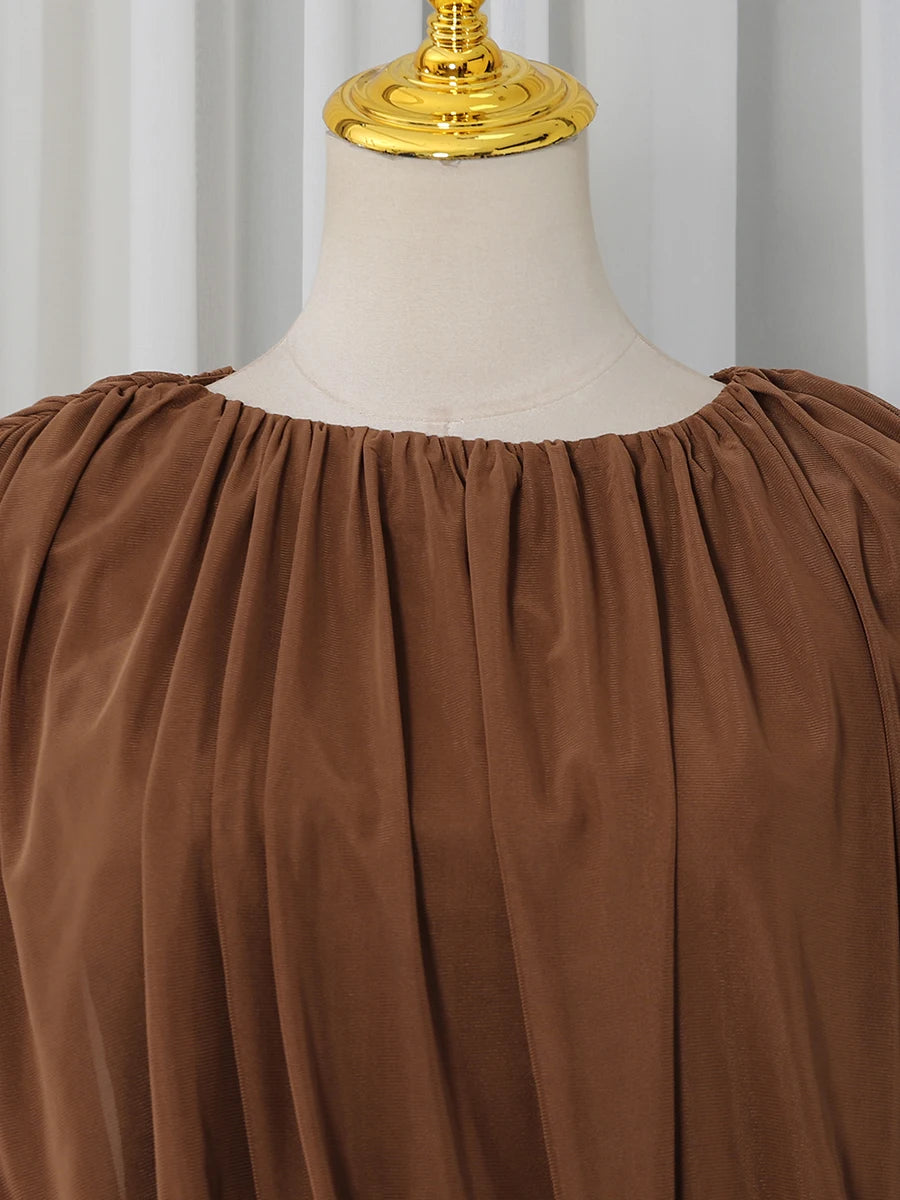 VGH Yellow Dinner Loose Folds Maxi Dresses for Women O Neck Shoulder Pud High Waist Temperament Dress Female Fashion Clothing