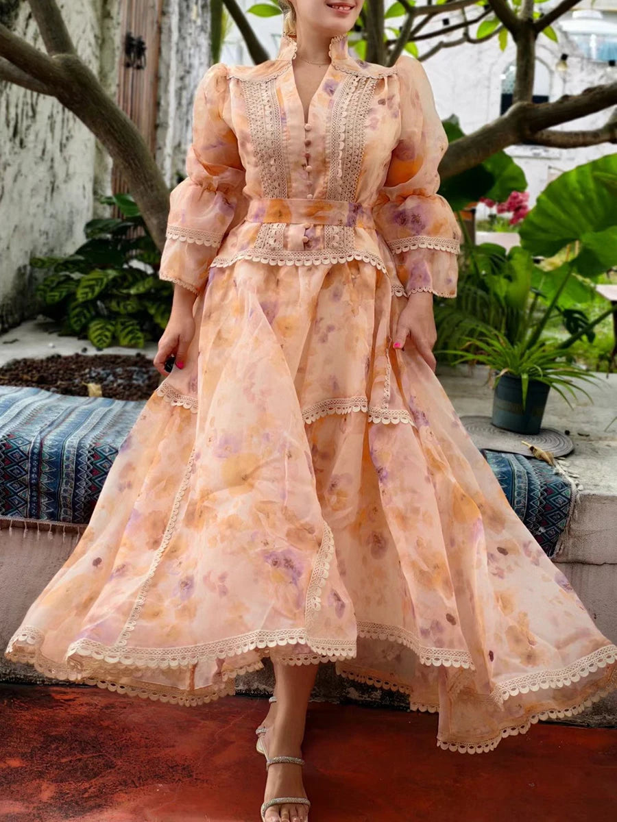 VGH Spring Colorblock Printing Dress for Women Stand Collar Puff Sleeves High Waist Elegant Birthday Party Long Dresses Female