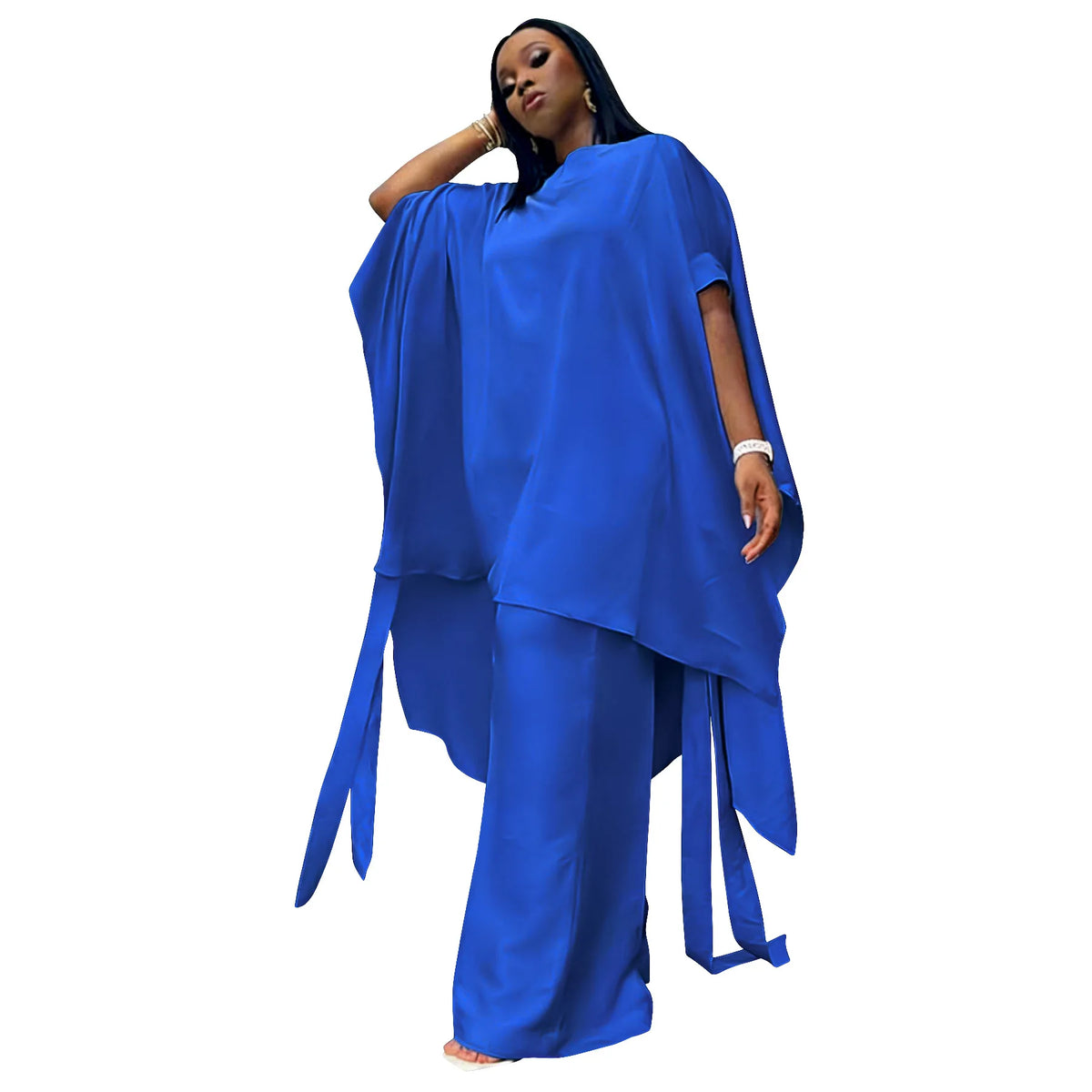 Plus Size Silk Satin Shawl Top & Wide-Leg Trouser Set