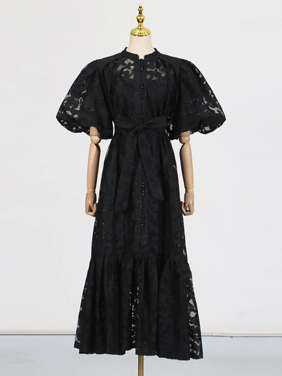 VGH Fashion Patchwork Bow Mesh Dresses for Women Round Neck Long Sleeve Spliced Embroidery Temperament Dress Female Clothing New