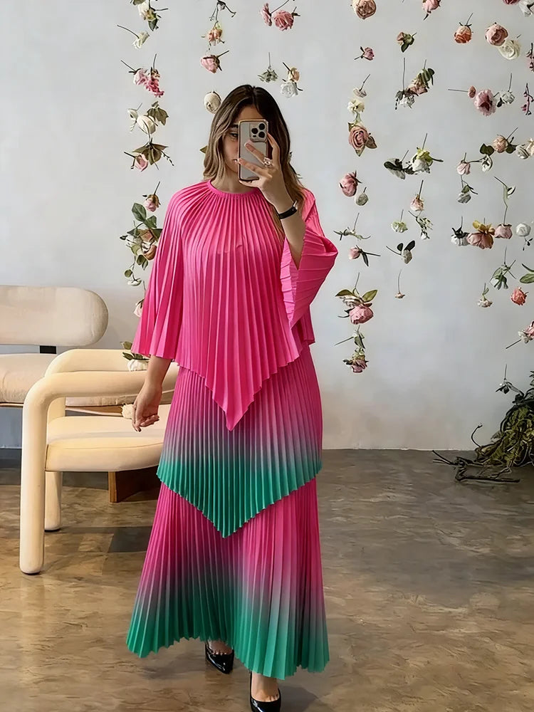 Women's Gradient Pleated Two-Piece Set | Irregular Top & High-Waist A-Line Skirt | Plus Size | AvantBah