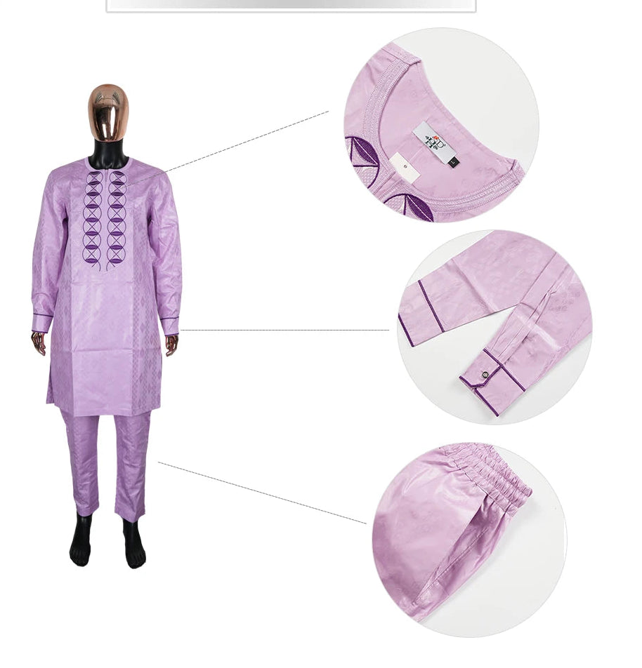 Men's African Agbada 2-Piece Set | Purple Bazin Riche Embroidery Suit | Wedding & Party