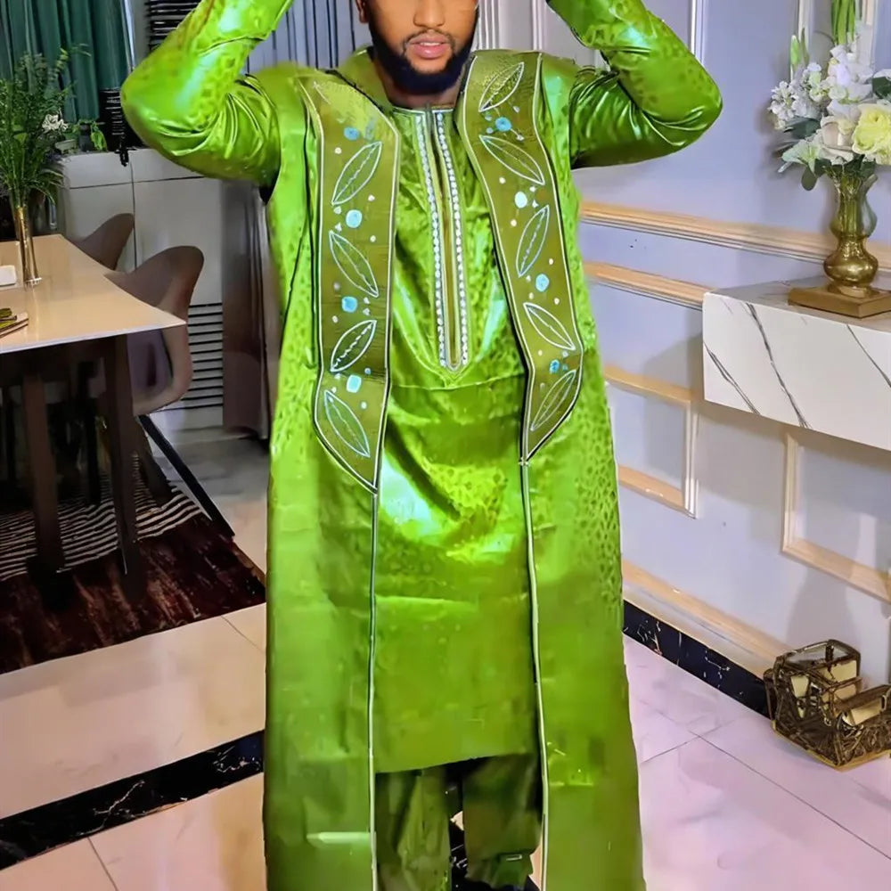 African Clothes for Men 3 PCS Long Sleeve Tops And Pants Suits Dashiki Tranditional Bazin Embroidery Outfits With Coat